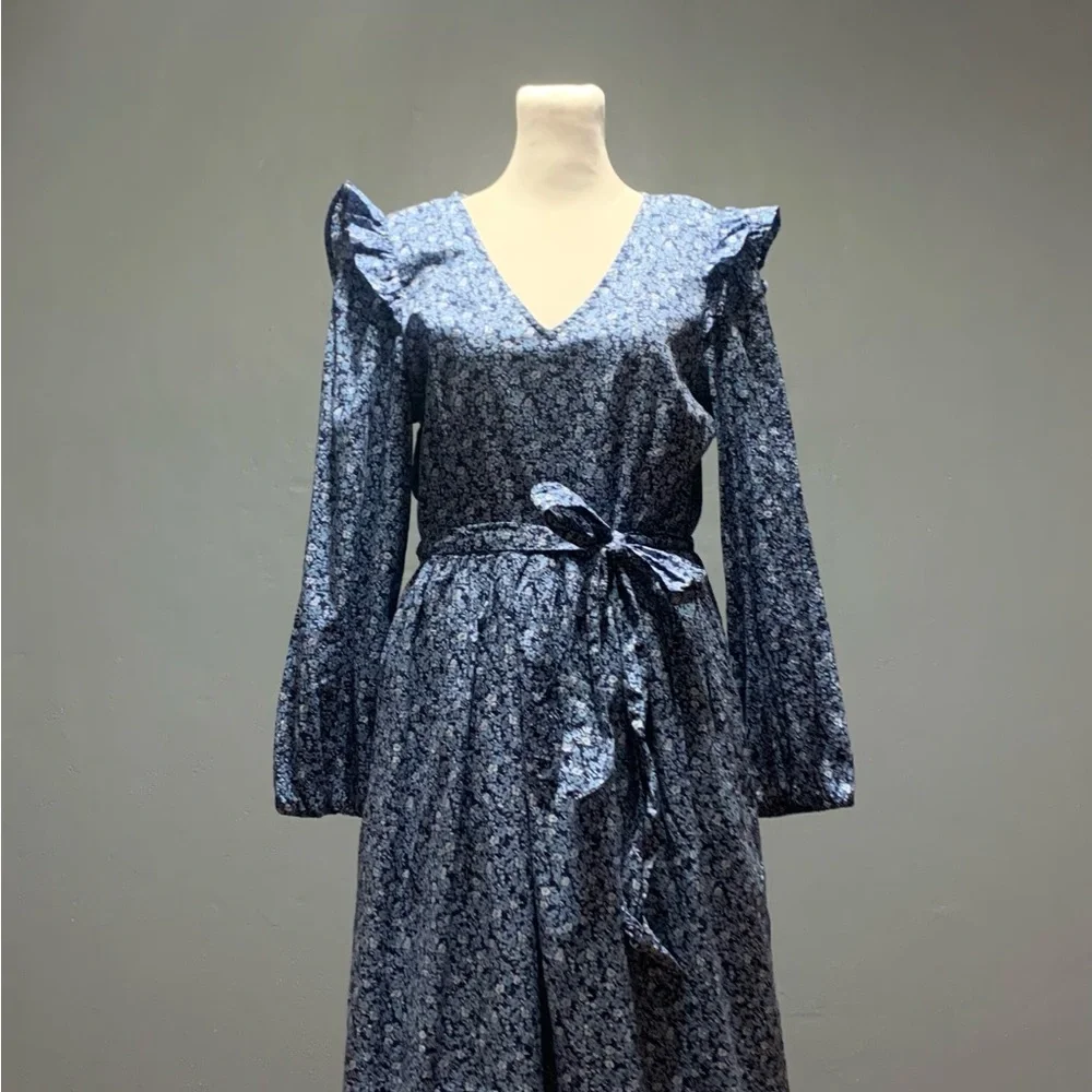 J.Crew Sz Small Long Sleeve Blue Floral Print Belted Dress - Picture 3 of 7